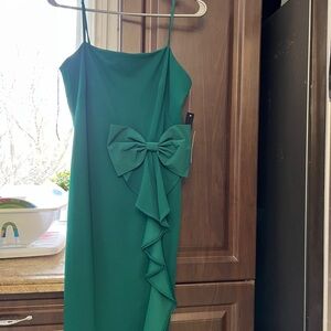 Adrianna Papell Asymmetrical Dress in Teal with Bow Detail
